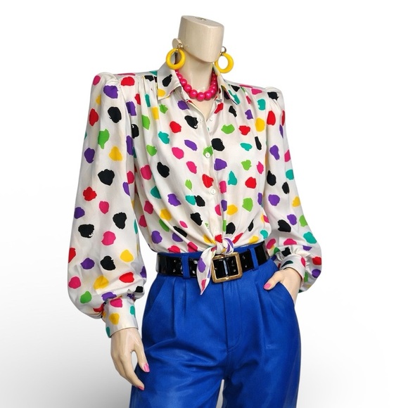 Helen Fabrikant Tops - Vintage HELEN FABRIKANT NY Colorful Polka Dot Tie Front Blouse Button Up Small